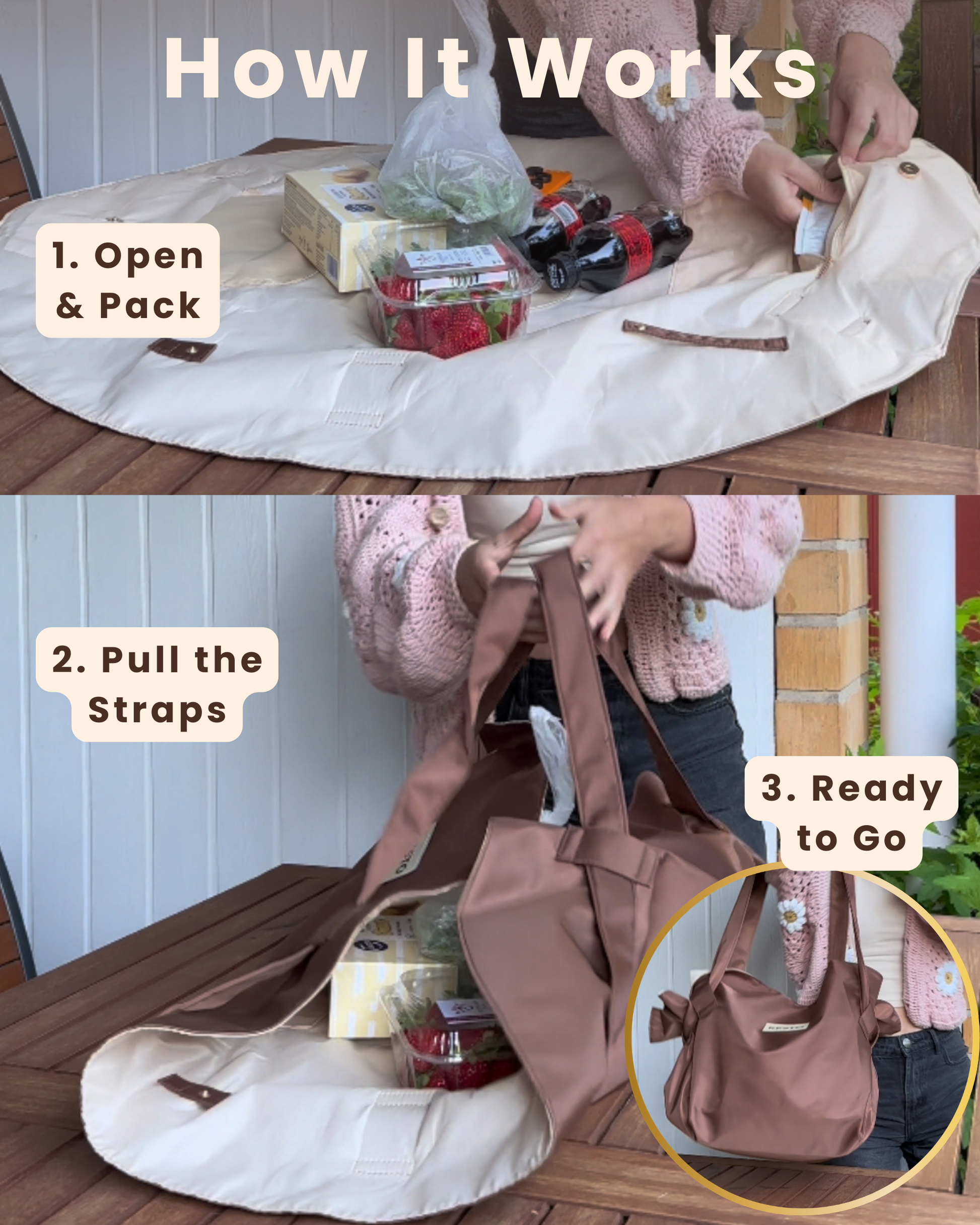 Step-by-step diagram showing how to pack and fold the Kesto Bag