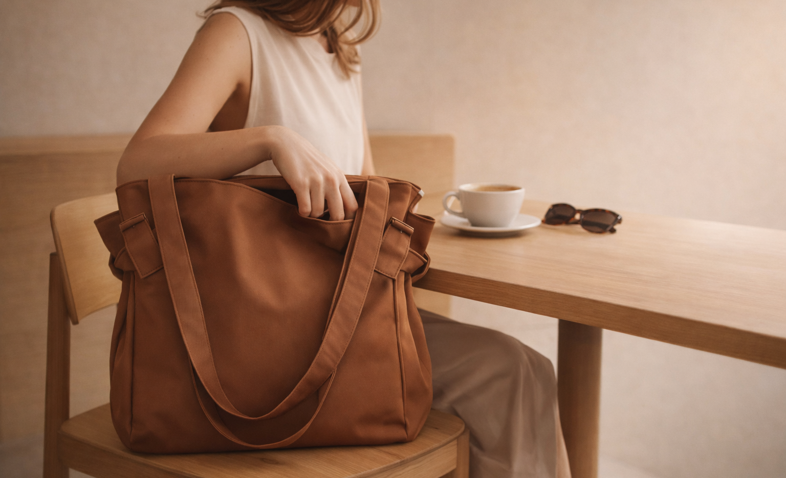 Person sitting at a table with a brown KESTO bag, coffee, and sunglasses.